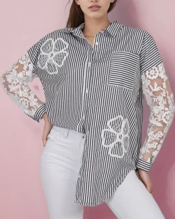 New Koszula damska w paski z koronką Bluzki / Koszule / Koszulki