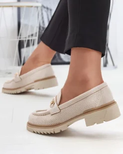 Best Kremowe ażurowe damskie mokasyny z łańcuszkiem Imerila Półbuty|Mokasyny Na Płaskiej Podeszwie