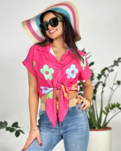 Krótka koszula damska w kwiaty Bluzki / Koszule / Koszulki