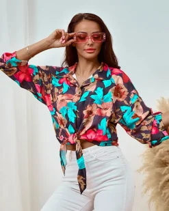 Krótka koszula damska w kwiaty Bluzki / Koszule / Koszulki