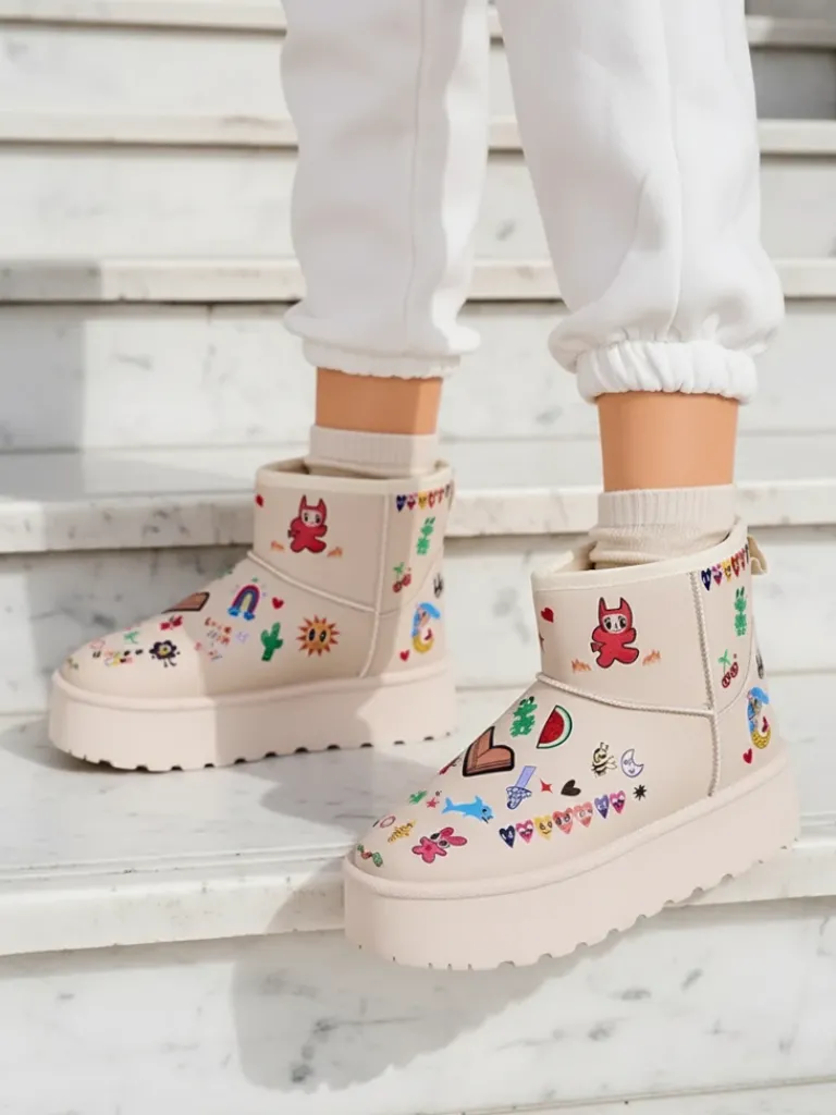 Hot Krótkie buty a'la śniegowce damskie z naklejkami Hanaga Śniegowce|Botki Na Platformie