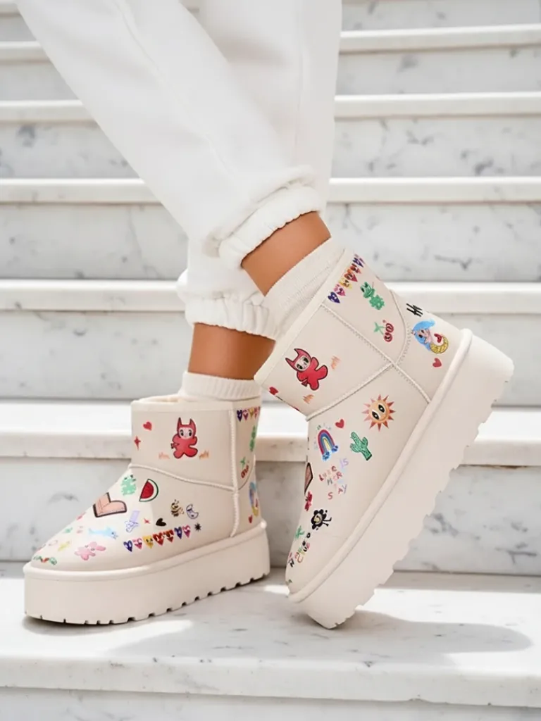 Hot Krótkie buty a'la śniegowce damskie z naklejkami Hanaga Śniegowce|Botki Na Platformie