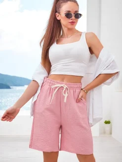 Best Krótkie spodenki damskie z gumką i troczkami w pasie do kolana Szorty