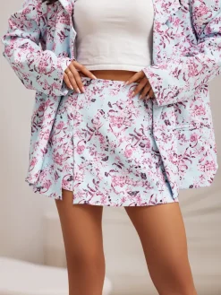 Best Kwiatowy damski komplet z wiązaną marynarką i spódnico- spodenkami Damskie Komplety Damskie