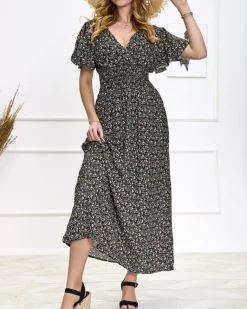 Best Kwiecista czarna damska sukienka Sukienki Letnie|Sukienki Długie