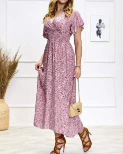 Sale Kwiecista damska różowa sukienka midi Sukienki Letnie|Sukienki Długie