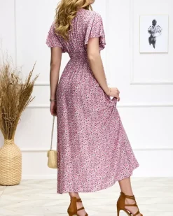 Sale Kwiecista damska różowa sukienka midi Sukienki Letnie|Sukienki Długie