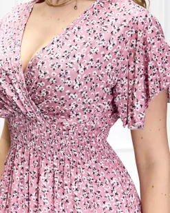 Sale Kwiecista damska różowa sukienka midi Sukienki Letnie|Sukienki Długie