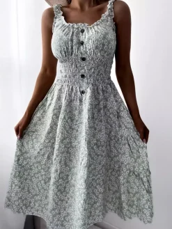 Sale Kwiecista miętowa sukienka damska za kolano Sukienki Letnie|Sukienki Długie