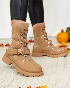 Sale Lakierowane botki damskie w kolorze jasnobrązowym Setogy Botki Bez Ocieplenia|Botki Sznurowane