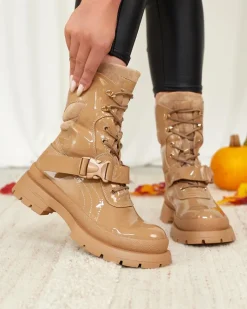 Sale Lakierowane botki damskie w kolorze jasnobrązowym Setogy Botki Bez Ocieplenia|Botki Sznurowane