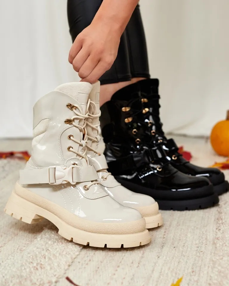 Discount Lakierowane botki damskie w kolorze m Setogy Botki Bez Ocieplenia|Botki Sznurowane