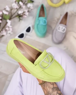 Sale Limonkowe mokasyny damskie z ozdobą Fogras Mokasyny Na Płaskiej Podeszwie|Espadryle Płaskie