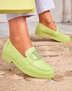 Sale Limonkowe mokasyny damskie z ozdobą Fogras Mokasyny Na Płaskiej Podeszwie|Espadryle Płaskie