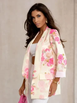 Marynarka damska bez zapięcia z kwiatami róży Kurtki / Marynarki / Płaszcze