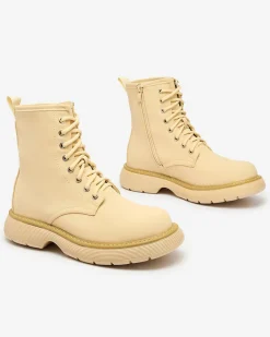 Sale Matowe beżowe botki damskie Kucillo Botki Bez Ocieplenia|Botki Sznurowane