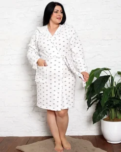 Sale Miękki biały damski szlafrok w serduszka PLUS SIZE Szlafroki|Plus Size