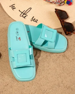 New Miętowe damskie klapki z ozdobą Zegora Klapki Płaskie