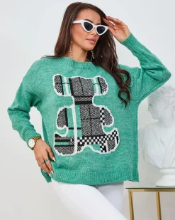 Best Miętowy damski sweter z misiem Swetry