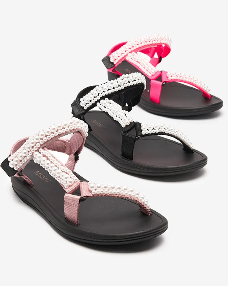 Clearance owe różowe damskie sportowe sandały z perełkami Dotiss Sandały Płaskie