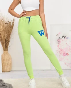Clearance Neonowe zielone damskie spodnie dresowe z kolorową naszywką Spodnie Dresowe