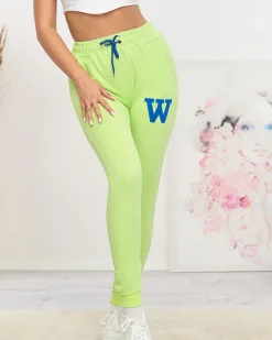 Clearance Neonowe zielone damskie spodnie dresowe z kolorową naszywką Spodnie Dresowe