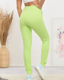 Clearance Neonowe zielone damskie spodnie dresowe z kolorową naszywką Spodnie Dresowe