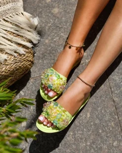 New Neonowe zielone damskie klapki z kolorowymi kryształkami Bling Breeze Klapki Płaskie