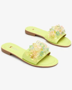 New Neonowe zielone damskie klapki z kolorowymi kryształkami Bling Breeze Klapki Płaskie