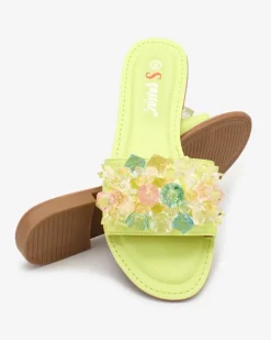 New Neonowe zielone damskie klapki z kolorowymi kryształkami Bling Breeze Klapki Płaskie