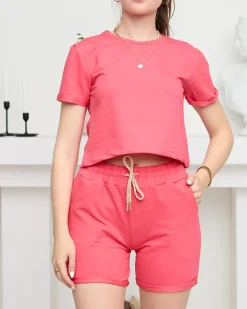 Sale owy różowy damski bawełniany sportowy komplet dresowy Damskie Komplety Damskie