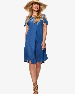 Discount Niebieska damska narzutka plażowa typu sukienka z haftem Narzutka Plażowa|Sukienki Letnie