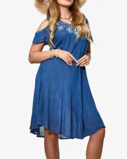 Discount Niebieska damska narzutka plażowa typu sukienka z haftem Narzutka Plażowa|Sukienki Letnie