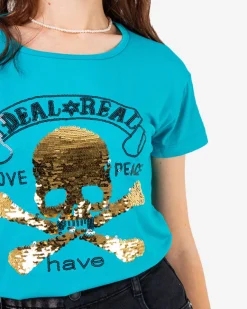 Discount Niebieski damski t-shirt z cekinami i napisami Bluzki / Koszule / Koszulki