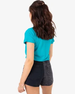 Discount Niebieski damski t-shirt z cekinami i napisami Bluzki / Koszule / Koszulki