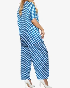 Sale Niebieski damski plisowany wzorzysty komplet Damskie Komplety Damskie