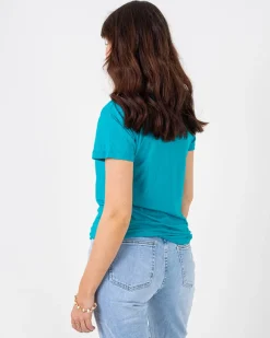 Best Niebieski damski t-shirt z kolorowym printem i cekinami Bluzki / Koszule / Koszulki