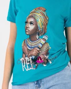 Best Niebieski damski t-shirt z kolorowym printem i cekinami Bluzki / Koszule / Koszulki