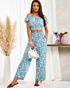 Sale Niebieski dwuczęściowy damski komplet w kwiatki Damskie Komplety Damskie