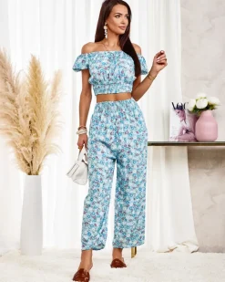 Sale Niebieski dwuczęściowy damski komplet w kwiatki Damskie Komplety Damskie