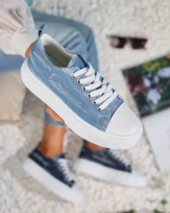 Best Niebieskie damskie jeansowe trampki z przetarciami Nerolera Trampki