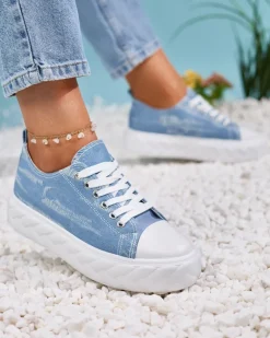 Best Niebieskie damskie jeansowe trampki z przetarciami Nerolera Trampki