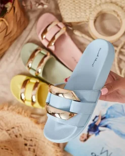 Sale Niebieskie damskie klapki ze złotą ozdobą Serina Klapki Płaskie