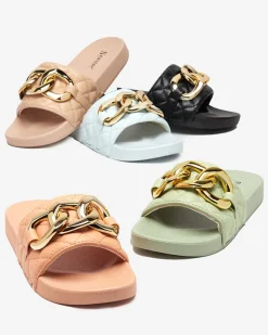 Best Niebieskie damskie pikowane klapki ze złotym łańcuszkiem Eteris Klapki Płaskie