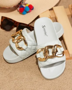 Best Niebieskie damskie pikowane klapki ze złotym łańcuszkiem Eteris Klapki Płaskie