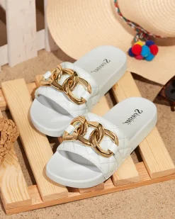 Best Niebieskie damskie pikowane klapki ze złotym łańcuszkiem Eteris Klapki Płaskie