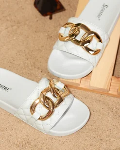 Best Niebieskie damskie pikowane klapki ze złotym łańcuszkiem Eteris Klapki Płaskie