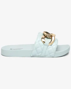 Best Niebieskie damskie pikowane klapki ze złotym łańcuszkiem Eteris Klapki Płaskie