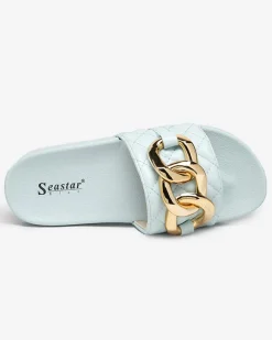 Best Niebieskie damskie pikowane klapki ze złotym łańcuszkiem Eteris Klapki Płaskie
