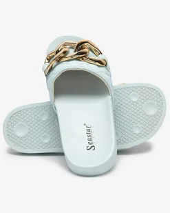 Best Niebieskie damskie pikowane klapki ze złotym łańcuszkiem Eteris Klapki Płaskie